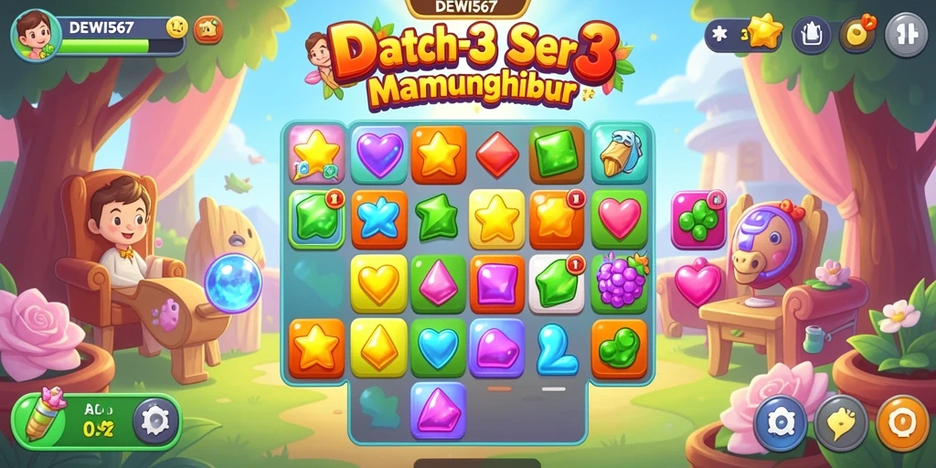 Gameplay DEWI567 yang seru dengan permata berwarna-warni.