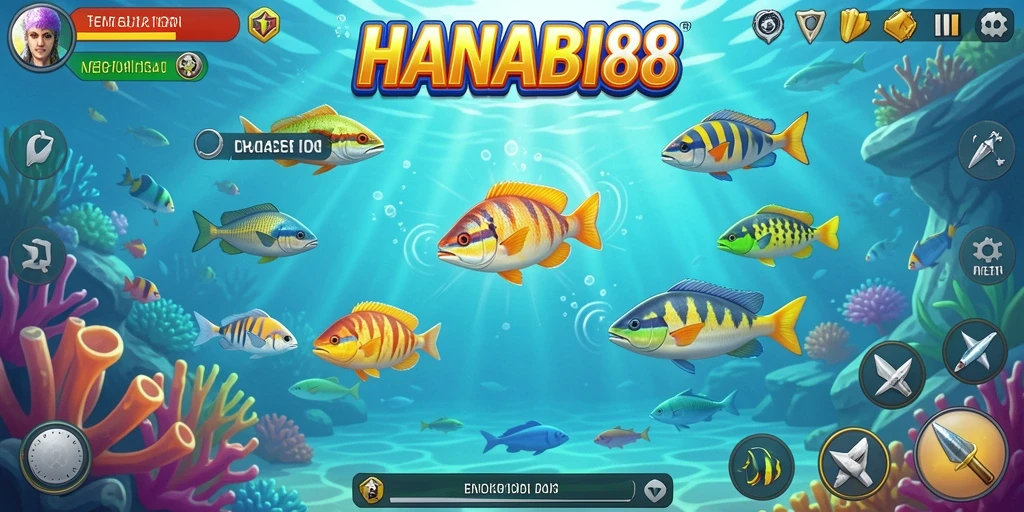 Tampilan gameplay dinamis di HANABI88 dengan banyak ikan untuk ditembak.
