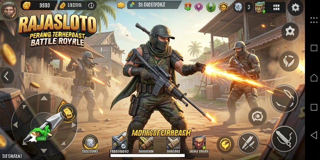 Screenshot RAJASLOTO yang menampilkan pertempuran seru dalam arena Battle Royale.