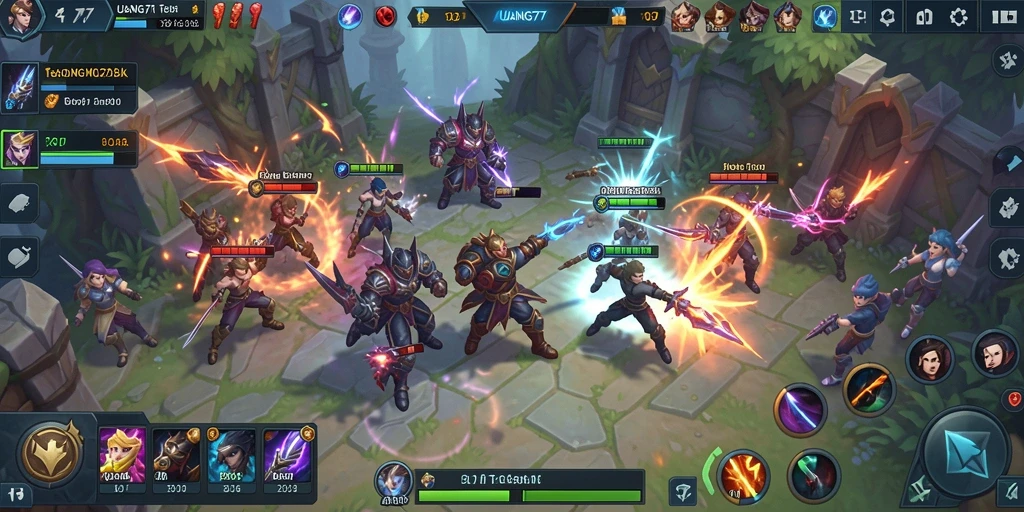 Screenshot gameplay UANG77 menampilkan aksi seru dalam arena MOBA.